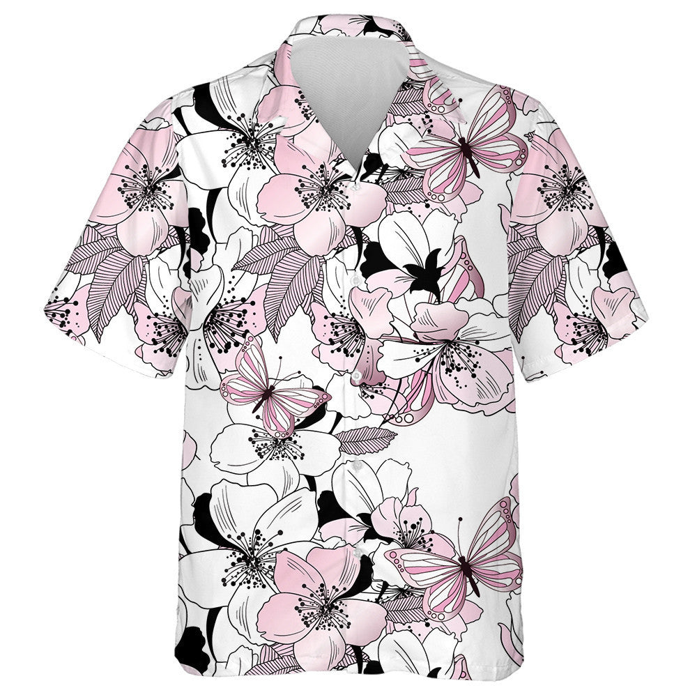 Hand Drawn Flowers Of Cherry And Butterflies Hawaiian Shirt, Hawaiian Shirt Gift, Christmas Gift