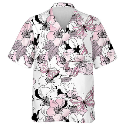 Hand Drawn Flowers Of Cherry And Butterflies Hawaiian Shirt, Hawaiian Shirt Gift, Christmas Gift
