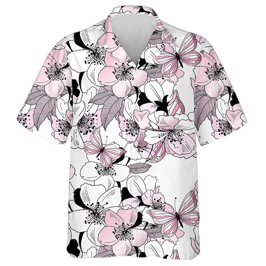 Hand Drawn Flowers Of Cherry And Butterflies Hawaiian Shirt, Hawaiian Shirt Gift, Christmas Gift