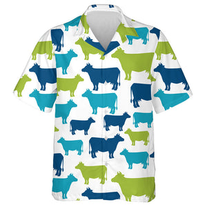 Blue Green And Navy Cow Silhouette Hawaiian Shirt, Hawaiian For Gift