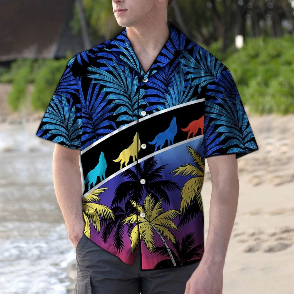 Vacation Tropical Coconut Palm Wolf Howl Pattern Hawaiian Shirt, Hawaiian Shirt Gift, Christmas Gift
