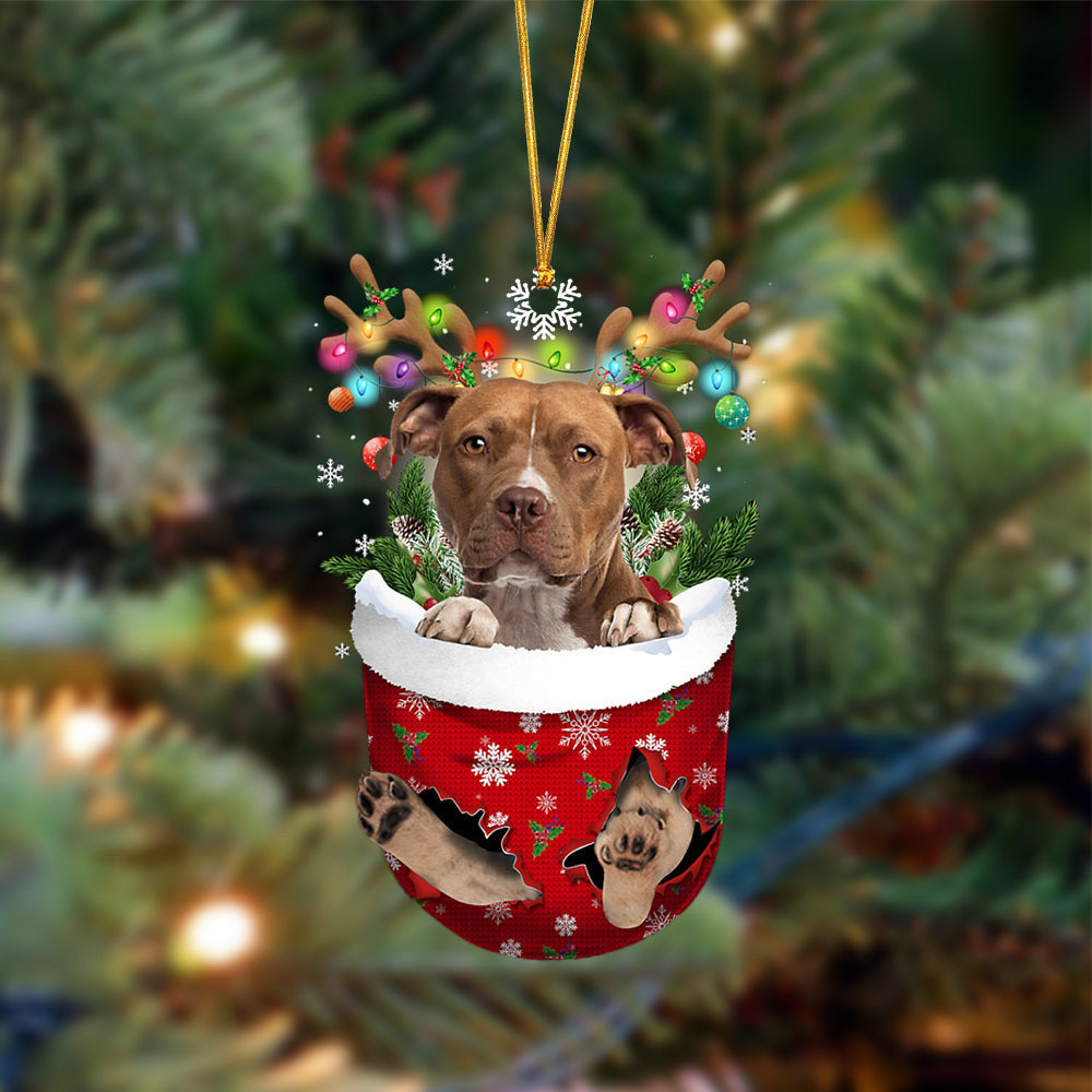 BROWN Pitbull-In Christmas Pocket Two Sides Christmas Plastic Hanging Ornament, Happy Christmas Ornament, Christmas Gift, Christmas Decoration