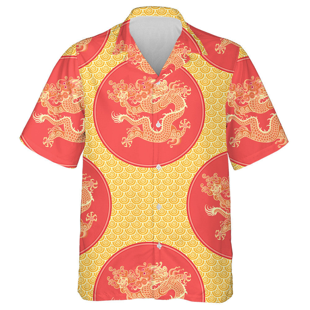 Chinese Gold Dragon On Red Circled Hawaiian Shirt, Hawaiian For Gift