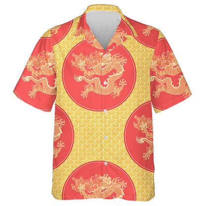 Chinese Gold Dragon On Red Circled Hawaiian Shirt, Hawaiian For Gift