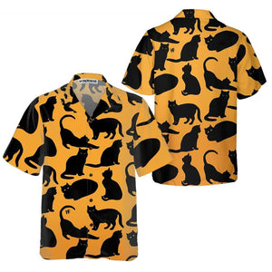 Black Yoga Cat Silhouette On Yellow Pattern Hawaiian Shirt, Hawaiian Shirt Gift, Christmas Gift