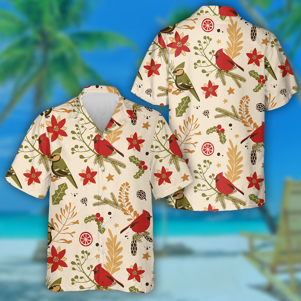 Watercolor Red Cardinal And Poinsettias Traditional Symbols Hawaiian Shirt, Hawaiian Shirt Gift, Christmas Gift