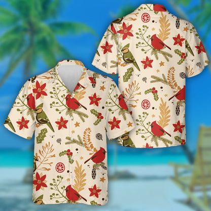 Watercolor Red Cardinal And Poinsettias Traditional Symbols Hawaiian Shirt, Hawaiian Shirt Gift, Christmas Gift
