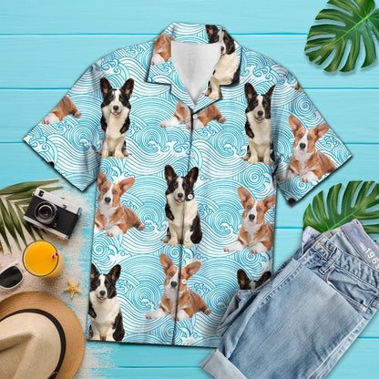 Cute Tricolor Cardigan Welsh Corgi Blue Waves Pattern Hawaiian Shirt, Hawaiian Shirt Gift, Christmas Gift