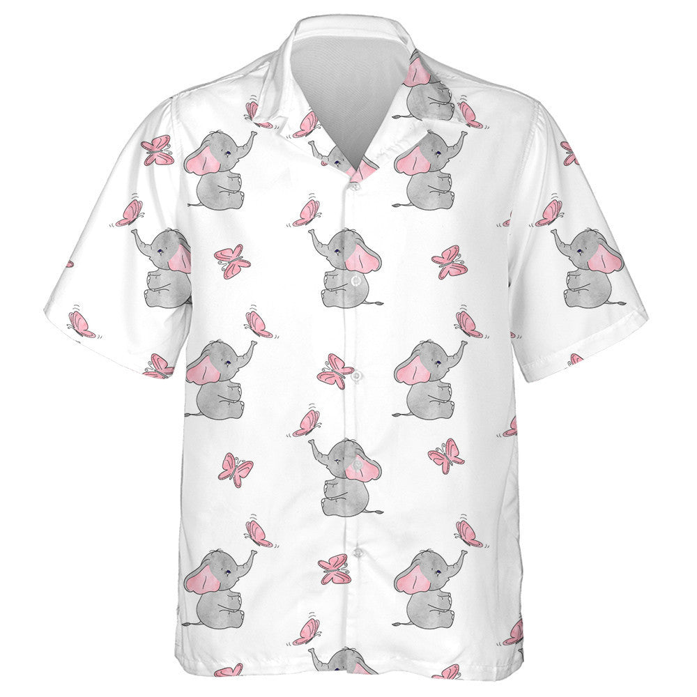 Smiling Bany Elephant With Pink Butterfly Hawaiian Shirt,Hawaiian Shirt Gift, Christmas Gift
