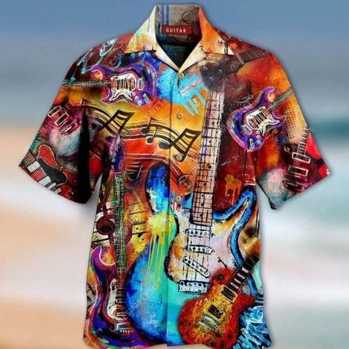 Colorful Guitar Art Hawaiian Aloha Shirts, Hwaiian For Gift