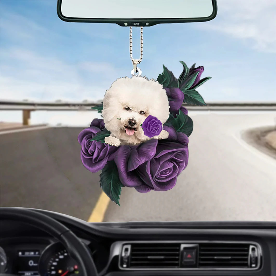 Bichon Frise In Purple Rose Car Hanging Ornament, Christmas Decoration