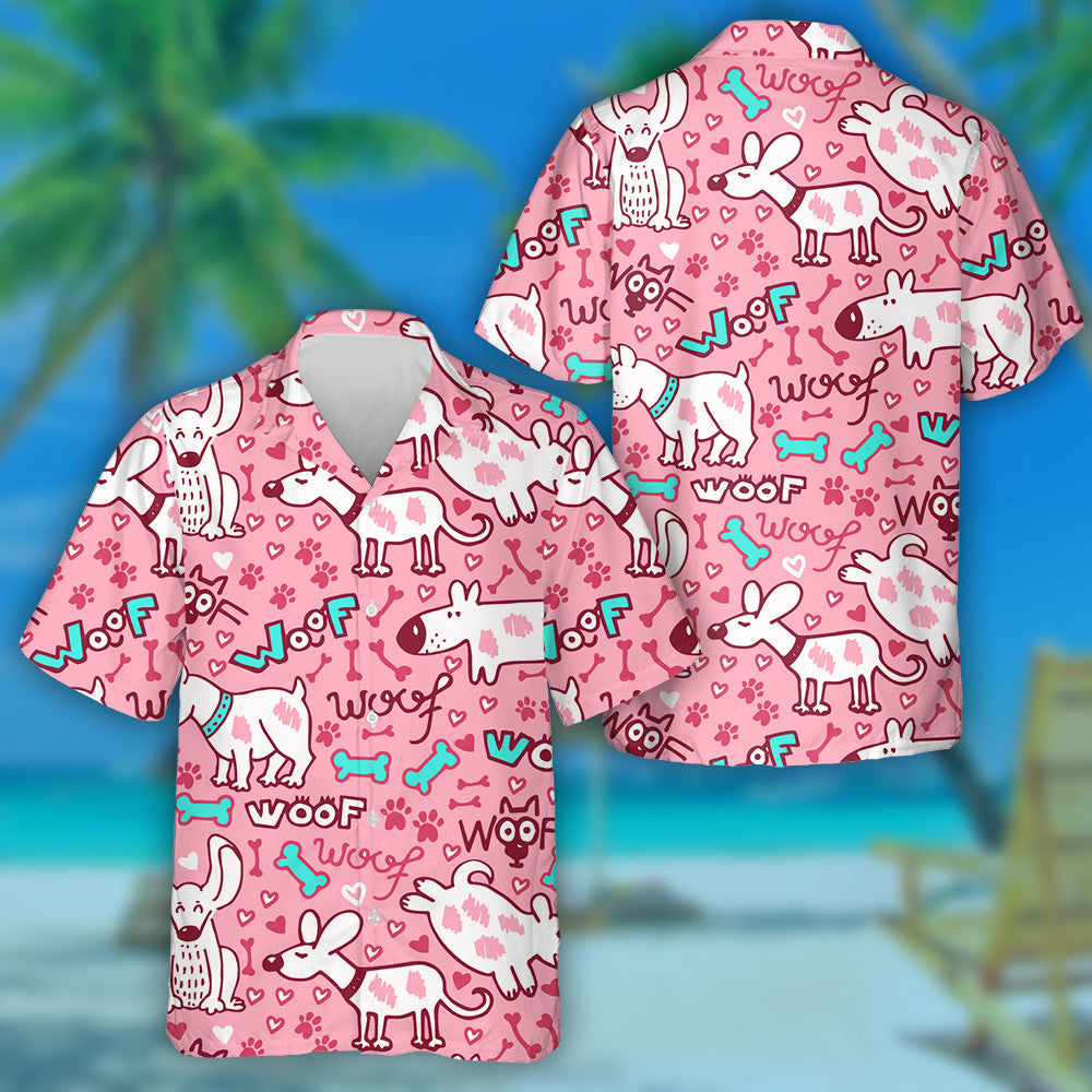White Dogs Puppies Doodle Isolated On Pink Hawaiian Shirt, Hawaiian Shirt Gift, Christmas Gift