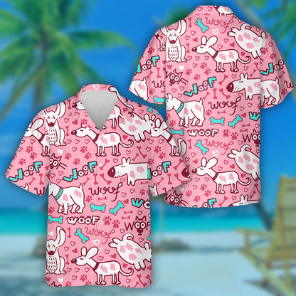 White Dogs Puppies Doodle Isolated On Pink Hawaiian Shirt, Hawaiian Shirt Gift, Christmas Gift