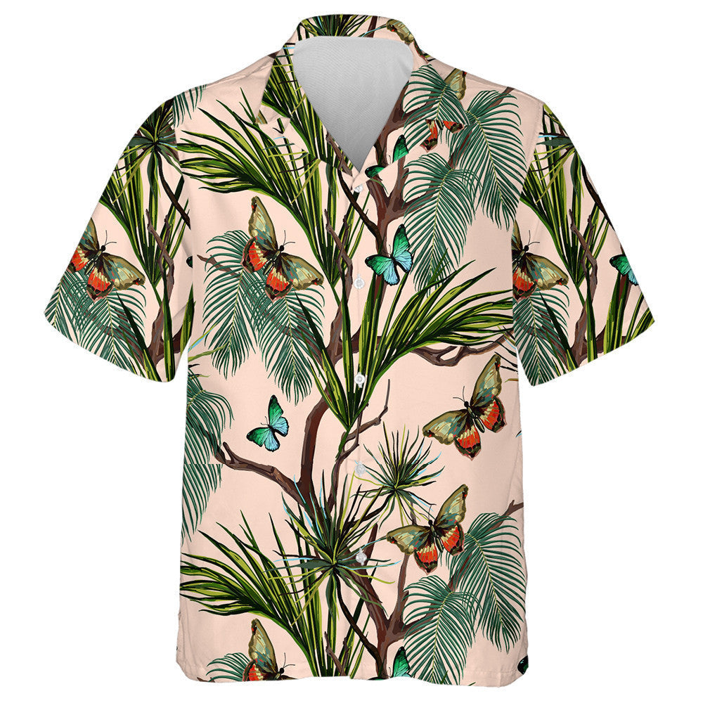 Cúlra Samhraidh Trópaiceach le Féileacáin Léine Haváích le duilleoga pailme, bronntanas Léine haváíais, bronntanas Nollag