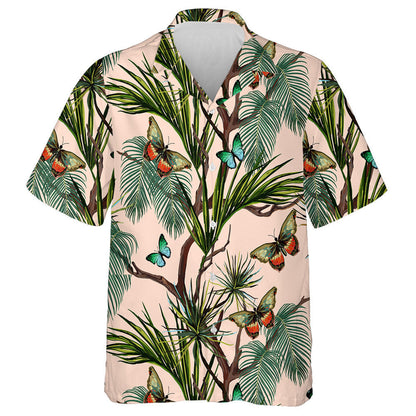 Cúlra Samhraidh Trópaiceach le Féileacáin Léine Haváích le duilleoga pailme, bronntanas Léine haváíais, bronntanas Nollag