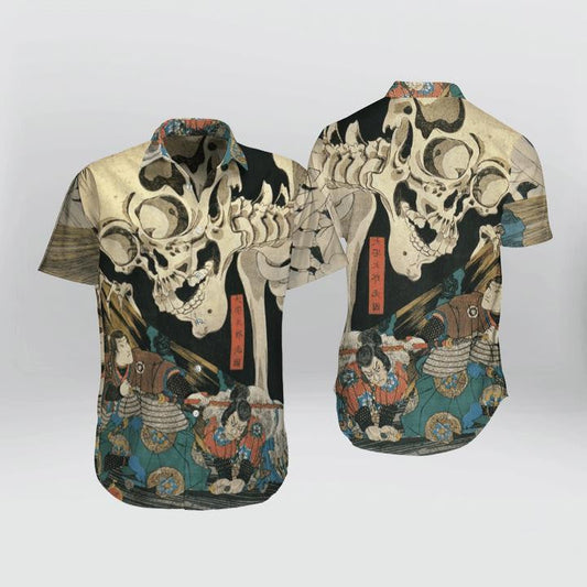 Japanese Aesthetic Ukiyoe Skull Pattern Hawaiian Shirt, Hawaiian For Gift