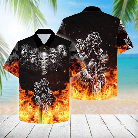 Grim Reaper Riding Motorcycles Flame Skull Hawaiian Shirt,Hawaiian Shirt Gift, Christmas Gift