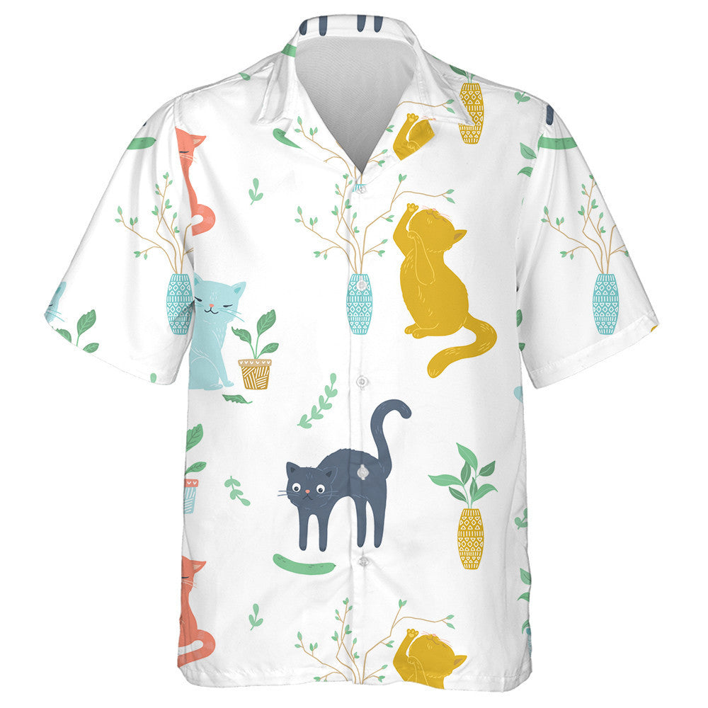 Simple Funny Cats And Plants On White Hawaiian Shirt, Hawaiian Shirt Gift, Christmas Gift