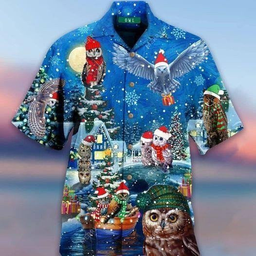 Amazing Owl On Christmas Days Blue Theme Vintage Style Design Hawaiian Shirt,Hawaiian Shirt Gift,Christmas Gift