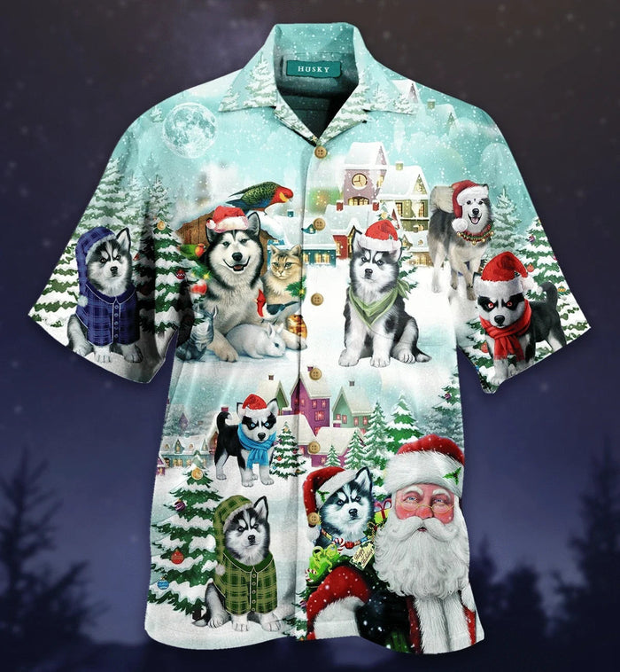 Merry Husky Christmas With Santa Claus Hawaiian Shirt, Hawaiian Shirt Gift, Christmas Gift