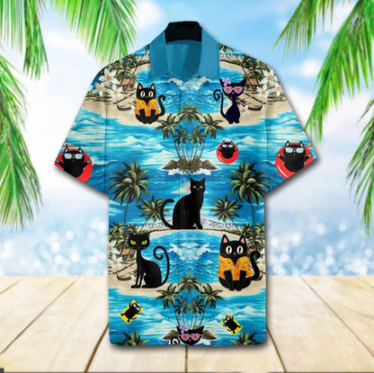 Funny Black Cat Chilling On The Beach Hawaiian Shirt, Hawaiian Shirt Gift, Christmas Gift
