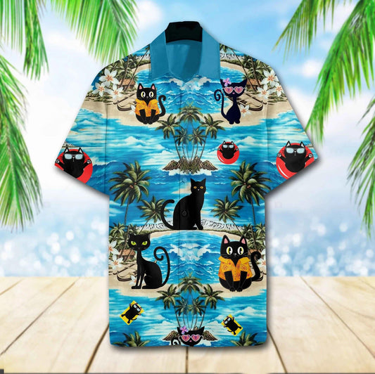 Funny Black Cat Chilling On The Beach Hawaiian Shirt, Hawaiian Shirt Gift, Christmas Gift