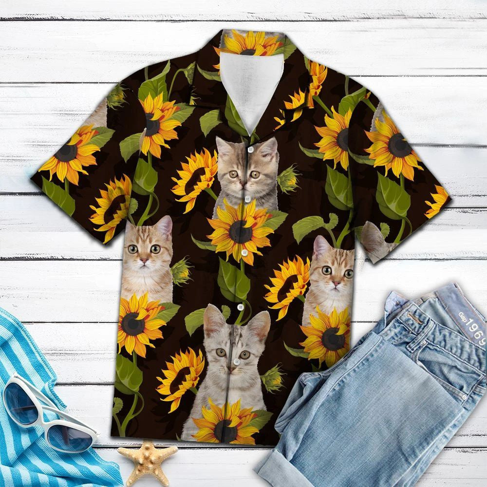 Lovely Cat With Blooming Sunflowers Hawaiian Shirt, Hawaiian For Gift