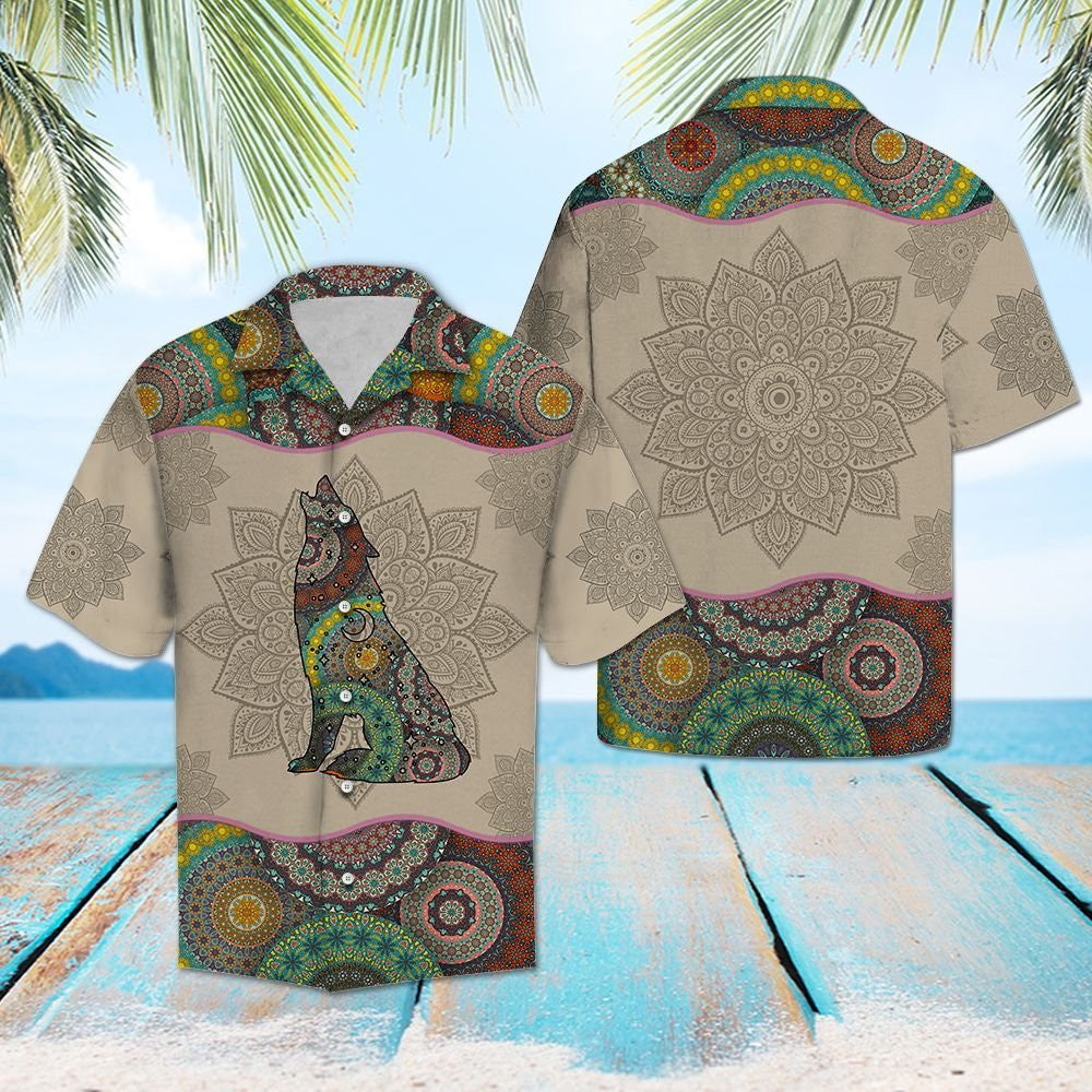 Howling Wolf Mandala Style Flower Patchwork Hawaiian Shirt, Hawaiian Shirt Gift, Christmas Gift