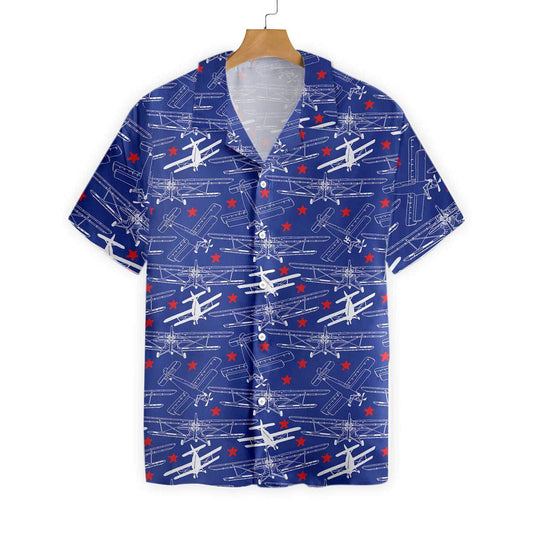 Retro Airplane With Stars Pattern Hawaiian Shirt,Hawaiian Shirt Gift, Christmas Gift