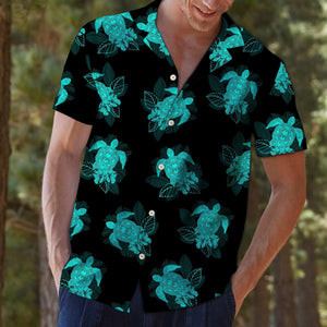 Teal And Black Turtle Summer Plant Pattern Hawaiian Shirt, Hawaiian Shirt Gift, Christmas Gift