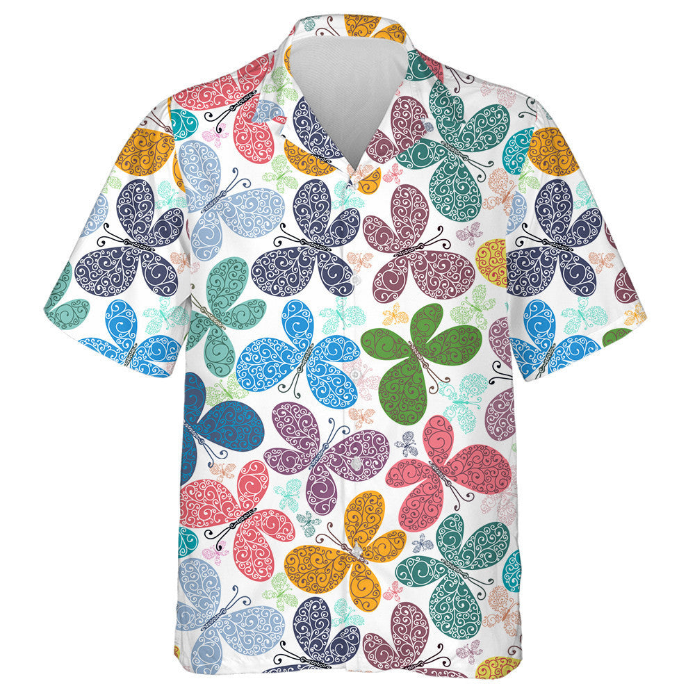 Spring Theme Silhouettes Colorful Butterflies On White Hawaiian Shirt, Hawaiian Shirt Gift, Christmas Gift