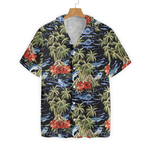 Blue Shark Floral Leaves Pattern Hawaiian Shirt, Hawaiian For Gift