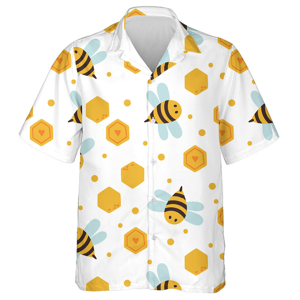 Watercolor Cartoon Bee Insects And Honeycombs Hawaiian Shirt, Hwaiian For Gift