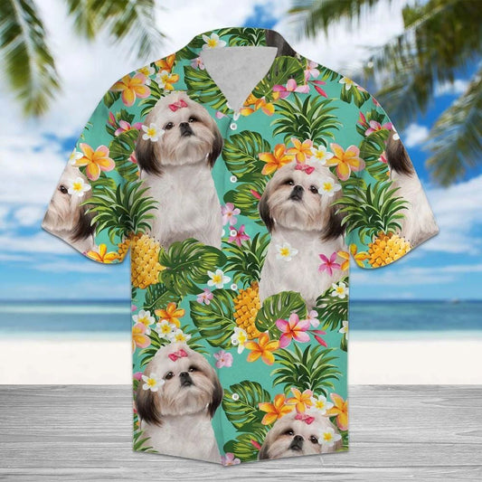 Tropical Flowers And Pineapple Shih Tzu Hawaiian Shirt,Hawaiian Shirt Gift, Christmas Gift