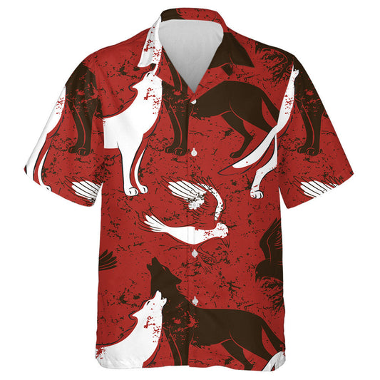 Raven Bird And Wolf On Red Background Hawaiian Shirt, Hawaiian Shirt Gift, Christmas Gift