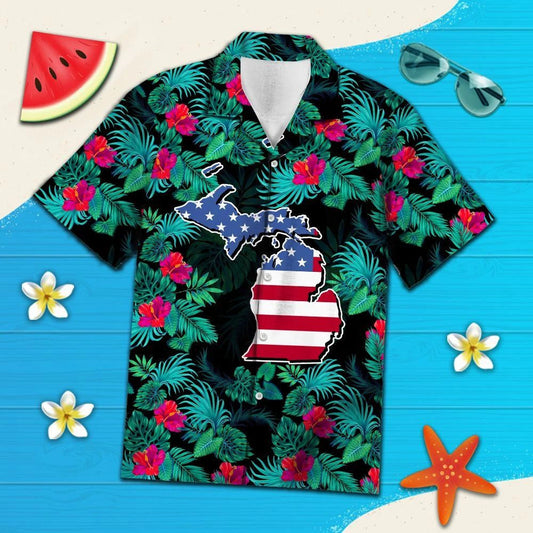 Hawaiian Shirt Michigan Map Among Tropical Flowers And Leaves, Hawaiian Shirt Gift, Christmas Gift