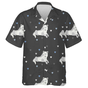 White Wolf And Hearts On Gray Background Hawaiian Shirt, Hawaiian Shirt Gift, Christmas Gift