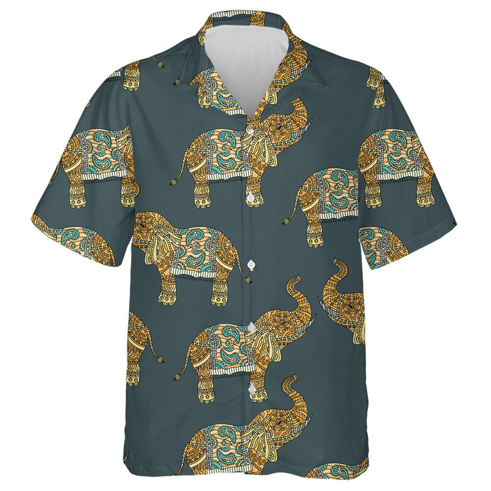 Tribal Style Gold Elephant On Gray Background Hawaiian Shirt, Hawaiian Shirt Gift, Christmas Gift