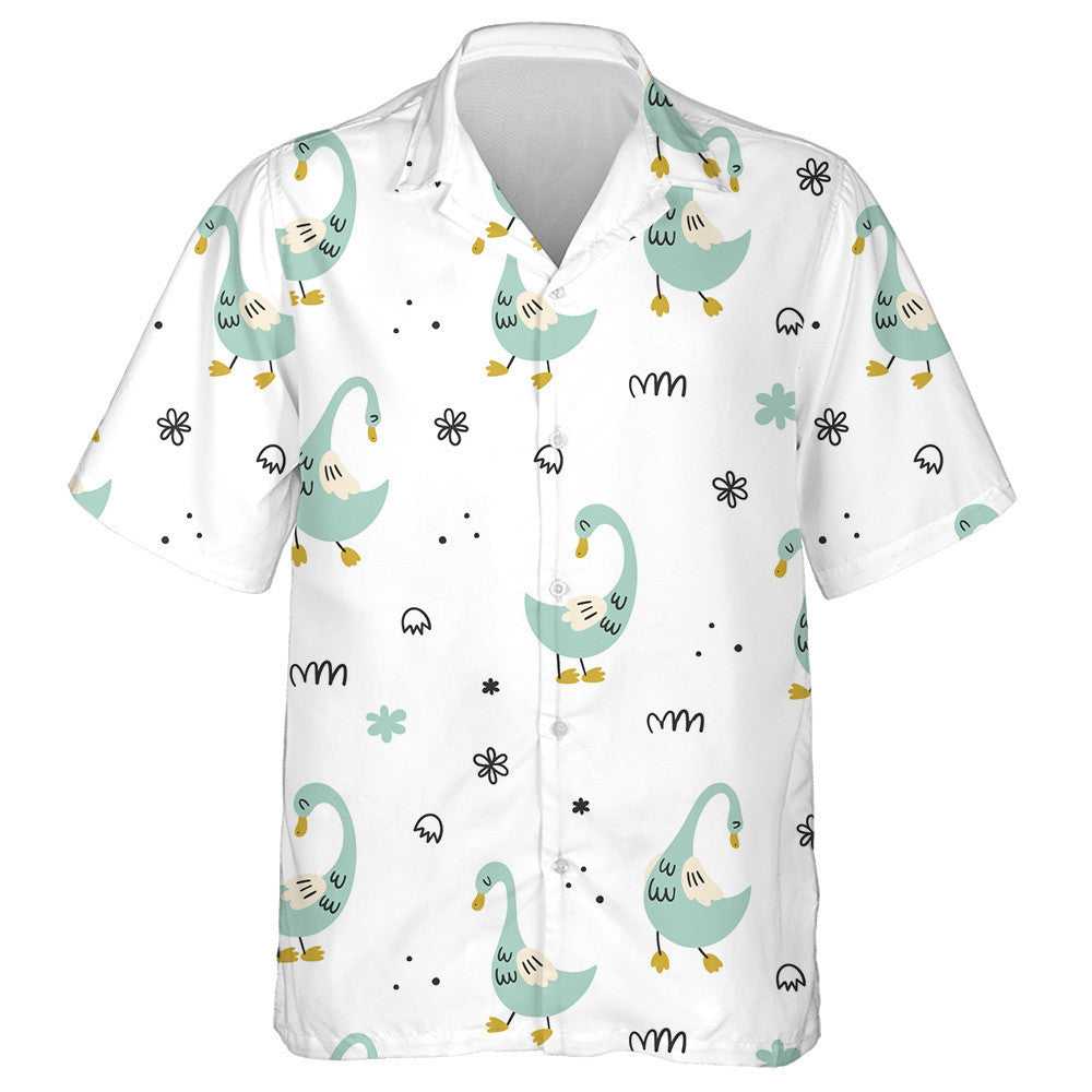 Hand Drawn Cute Cartoon Ducks On White Hawaiian Shirt, Hawaiian Shirt Gift, Christmas Gift