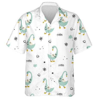 Hand Drawn Cute Cartoon Ducks On White Hawaiian Shirt, Hawaiian Shirt Gift, Christmas Gift