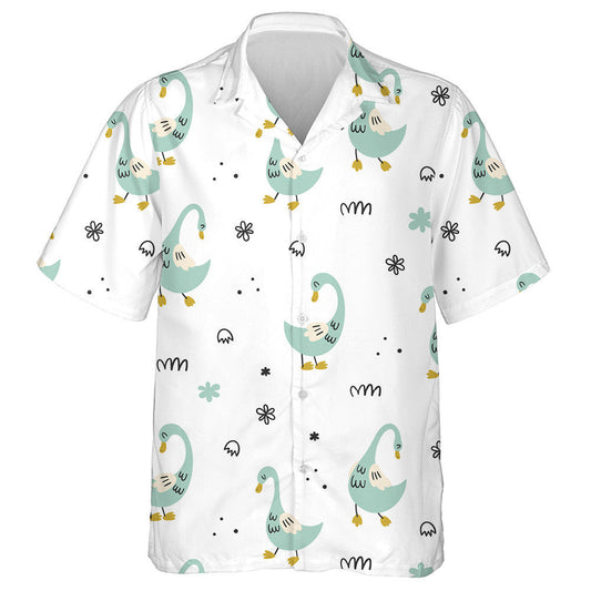 Hand Drawn Cute Cartoon Ducks On White Hawaiian Shirt, Hawaiian Shirt Gift, Christmas Gift