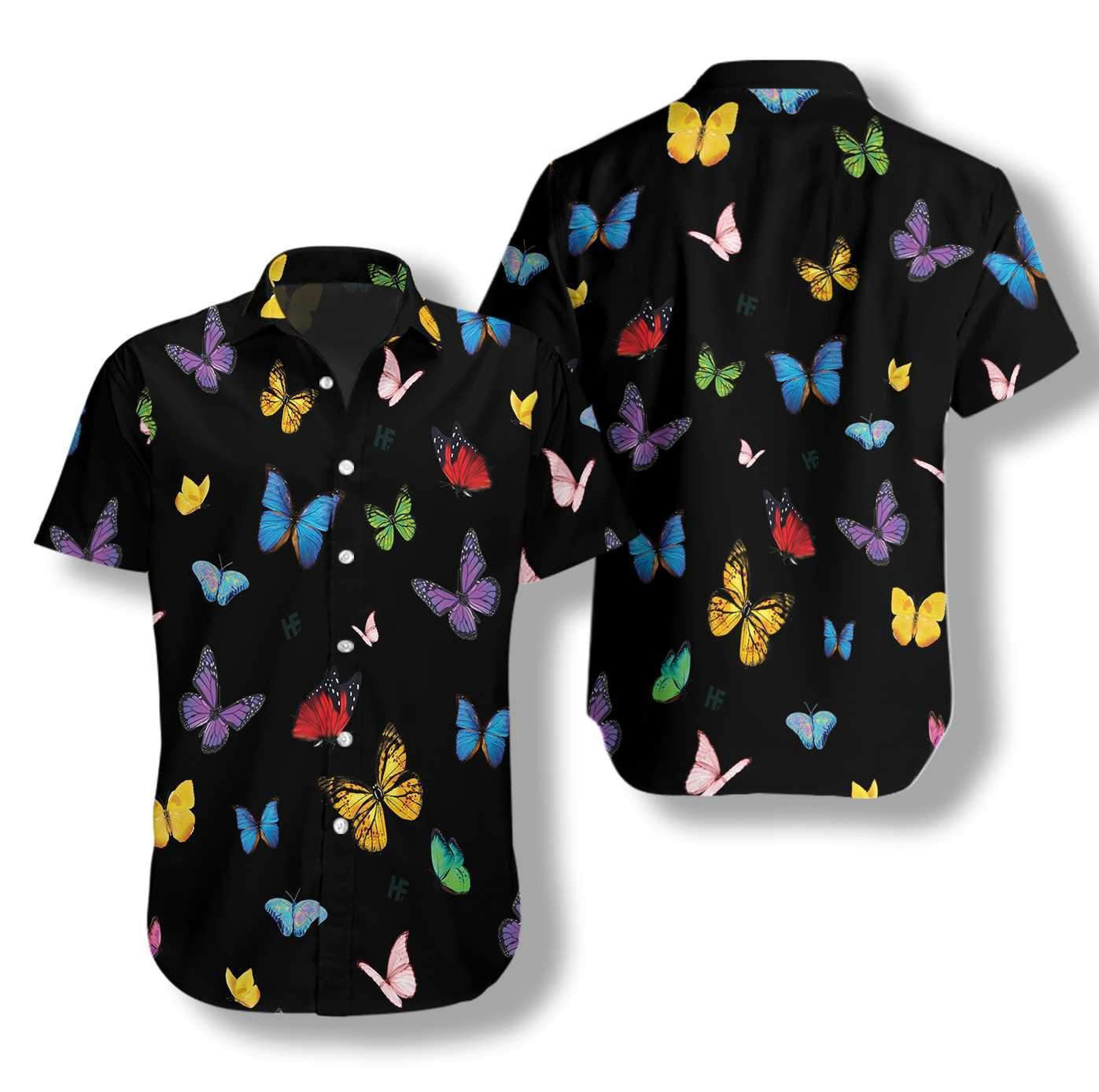 Bright Colored Butterflies Seamless Design Hawaiian Shirt, Hawaiian For Gift