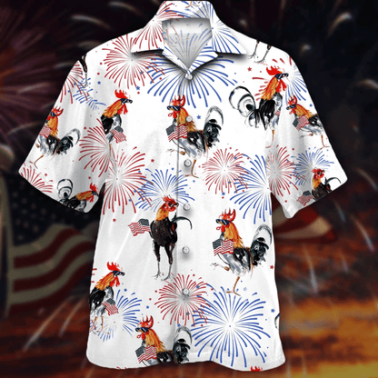 Chickens And Fireworks White Theme Hawaiian Shirt, Hawaiian For Gift