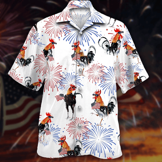 Chickens And Fireworks White Theme Hawaiian Shirt, Hawaiian For Gift