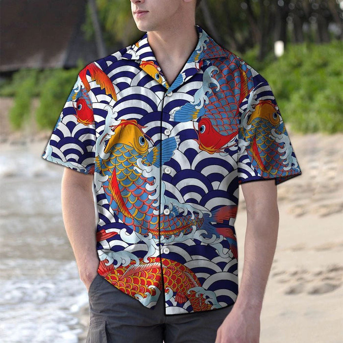 Amazing Koi Fish Navy And White Scale Pattern Hawaiian Shirt, Hawaiian Shirt Gift, Christmas Gift