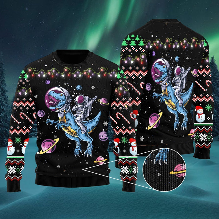 Funny Astronauts Ride A T-rex In Space With The Planet Ugly Christmas Sweater, Christmas Ugly Sweater,Christmas Gift,Gift Christmas 2022