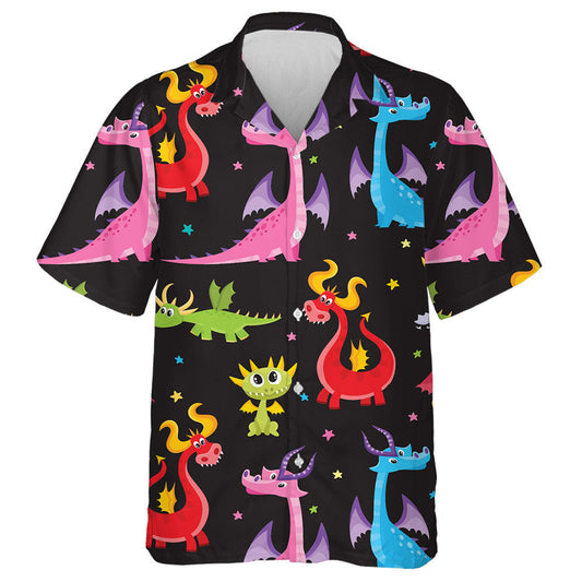 Funny Cartoon Dragon Characters On Black Background Hawaiian Shirt, Hawaiian Shirt Gift, Christmas Gift