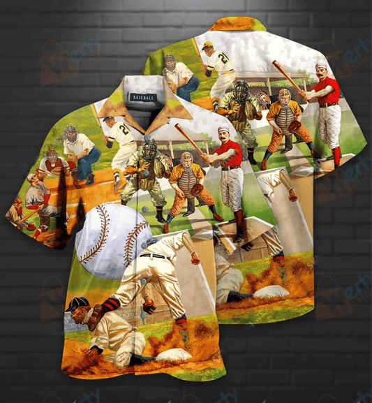 Playing Baseball And White Ball Pattern Hawaiian Shirt,Hawaiian Shirt Gift, Christmas Gift