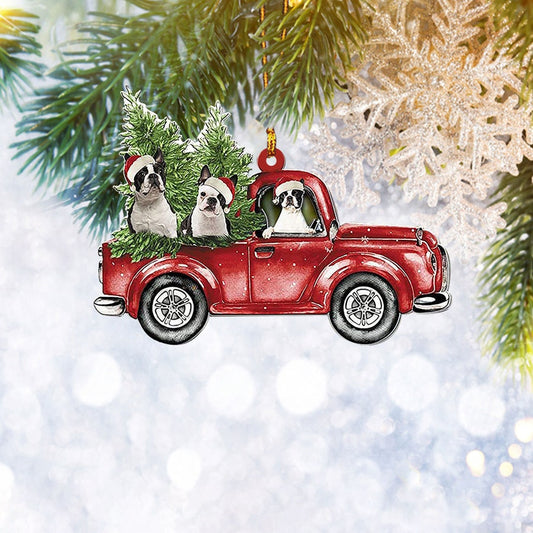 Boston Terrier Red Truck Flat 2D Ornament, Pet Dog Lover Gifts, Christmas Tree Ornament, Home Decor Plastic Ornament, Christmas Ornament Gift, Christmas Gift, Christmas Decoration