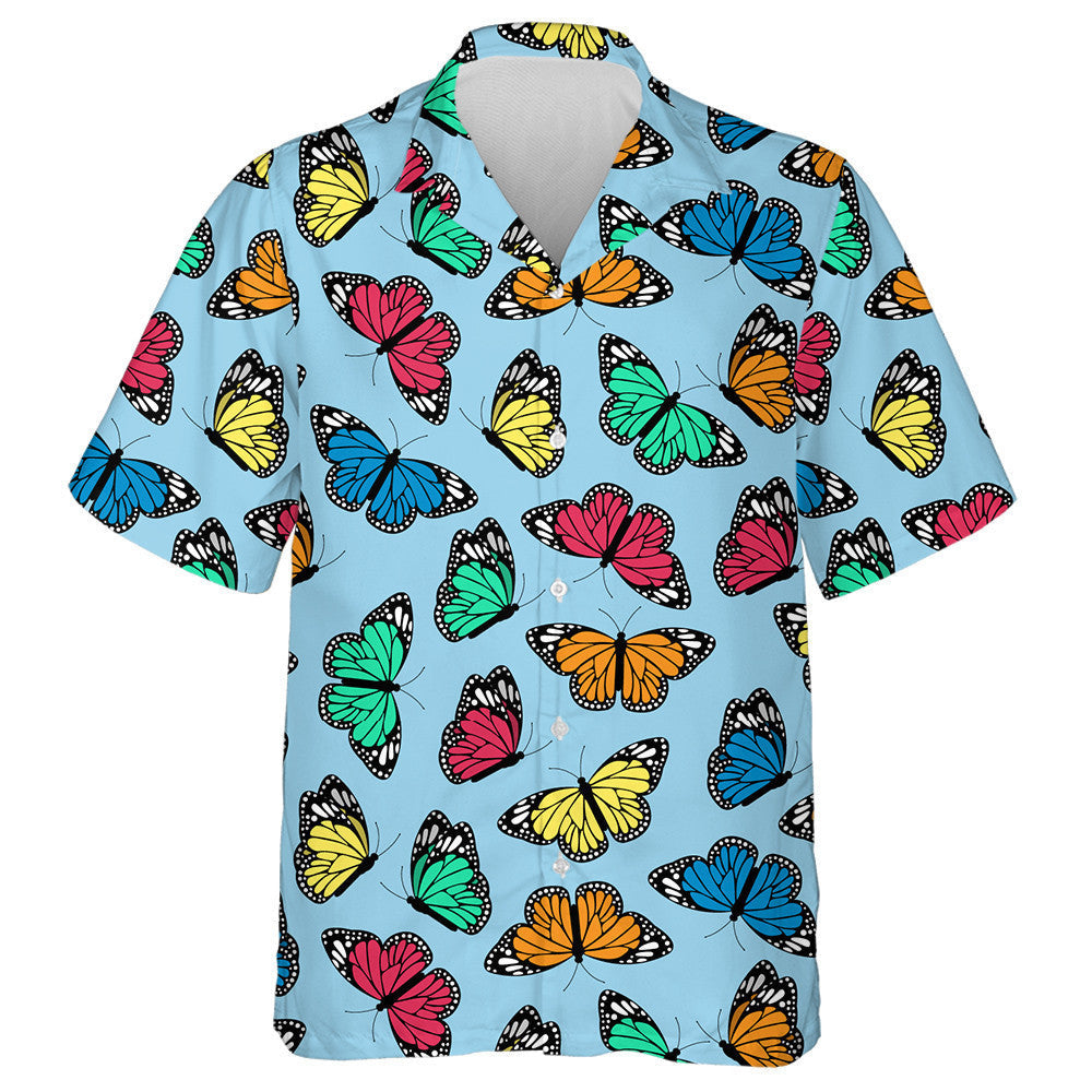 Flying Multicolored Butterflies On A Blue Background Hawaiian Shirt, Hawaiian Shirt Gift, Christmas Gift